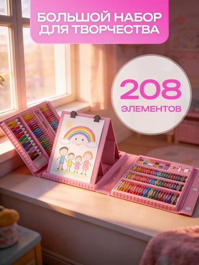 Набор для рисования в чемодане, фломастеры, карандаши, подарок детям, развивающий, маркеры — BIMBIM-NABOR-РОЗОВ