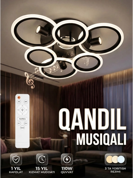 Masofadan boshqariladigan musiqiy qandil, yotoqxona va oshxona uchun 3 xil yoritish rejimi - 