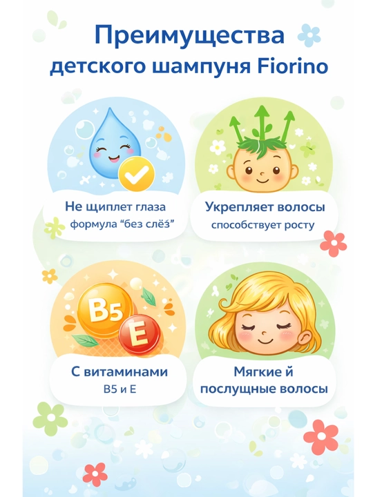 Fiorino bolalar shampuni 280 ml — ko‘z yosh qoldirmaydi, vitaminli, o‘sish va mustahkam