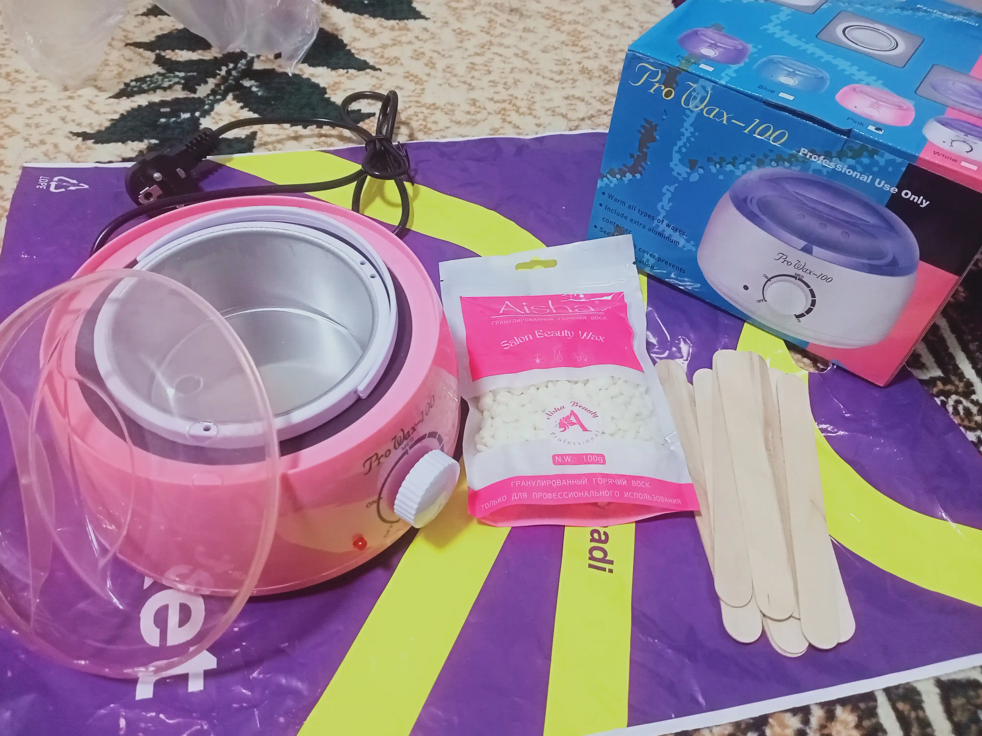 Depilatsiya to'plami: mum, depilyatsiya qozoncha, depilatsiya mumi 100 g, cho'p, 10 dona