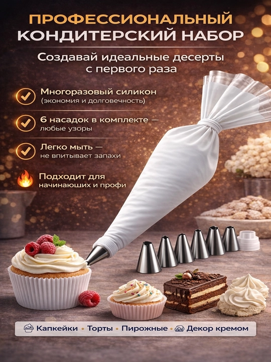 6 ta naqshli uchli krem uchun qayta ishlatiladigan silikon qandolat sumkasi - 