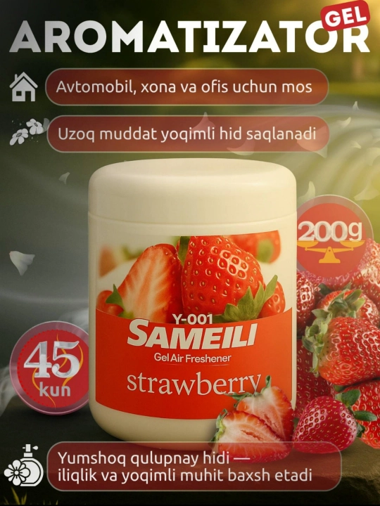 Avtomobil va uy uchun gelli xushbo‘ylantirgich, uzoq muddat ta’sir etuvchi havo tozalagich