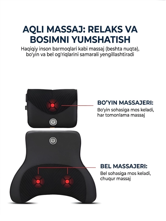 Ortopedik qulaylikka ega bosh va bel uchun avtomobil massaj yostiqlari to‘plami