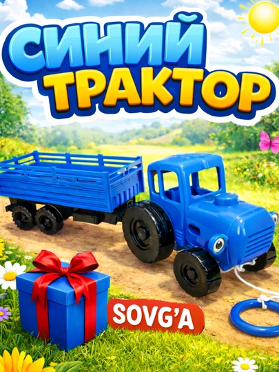 Синий трактор, детская игрушечная машинка-трактор с прицепом и подарком — DAIMIX-MAKTRAKTOR