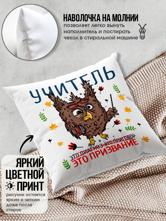 Подушка с принтом в подарок учителю, "Лучший Учитель в мире", 38х38 см, 1 шт