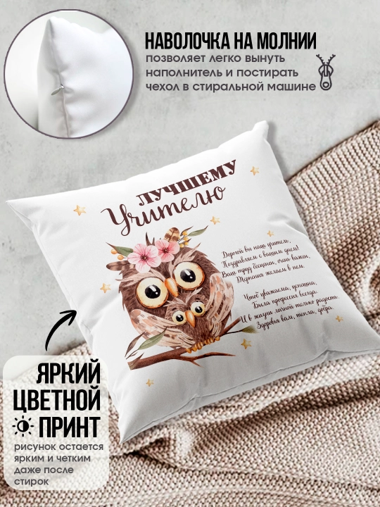 Подушка с принтом в подарок учителю, "Лучший Учитель в мире", 38х38 см, 1 шт