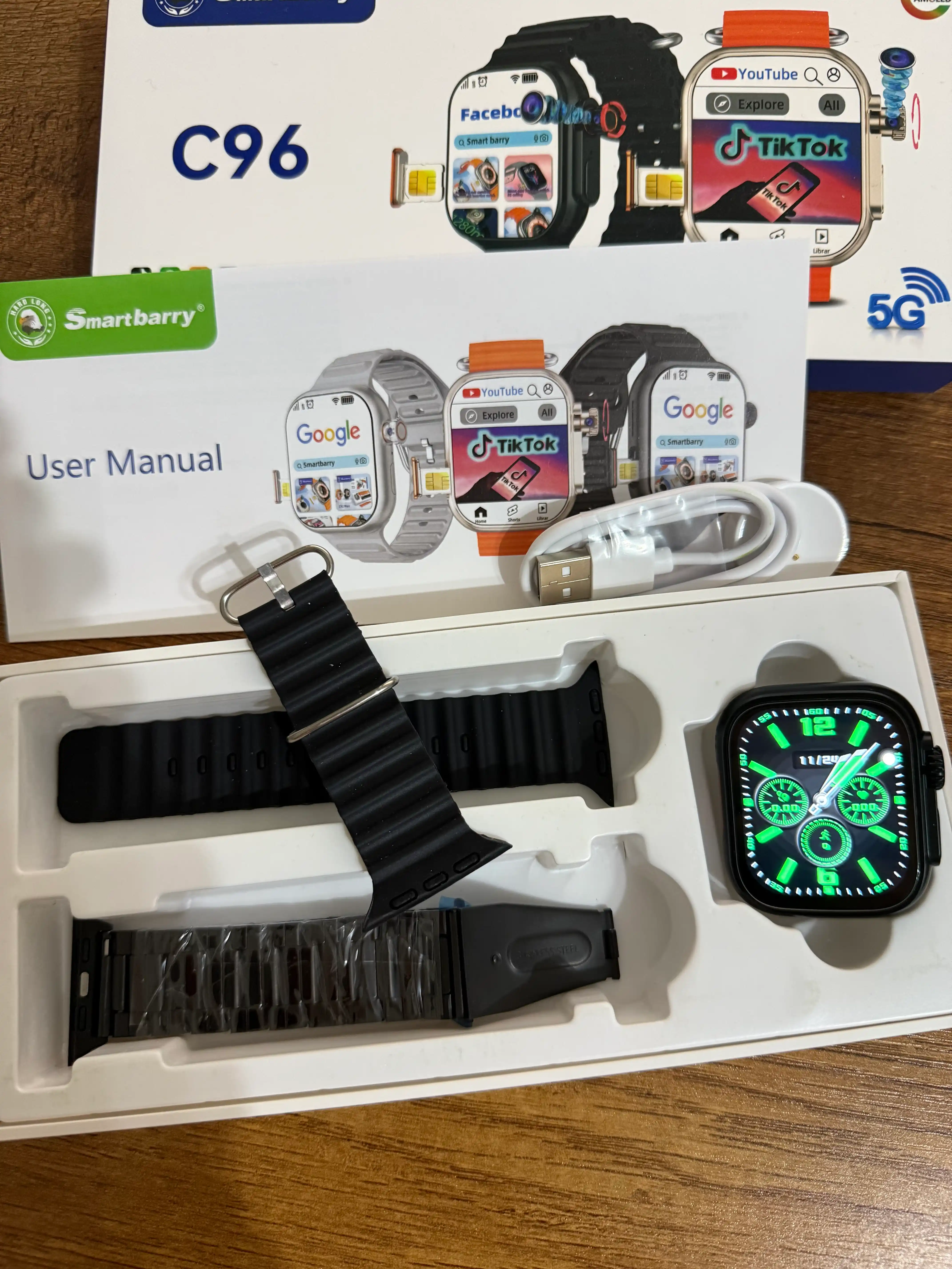 Умные часы C96 с HD-камерой, SIM-картой, Wi-Fi, GPS, экран 2.2", 2 ремешка