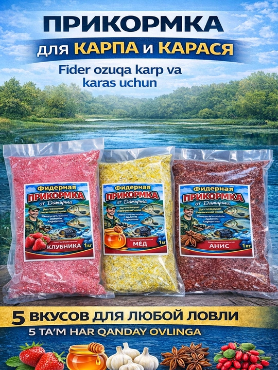 Фидерная прикормка 1 кг для карпа и карася рыболовная смесь 5 вкусов