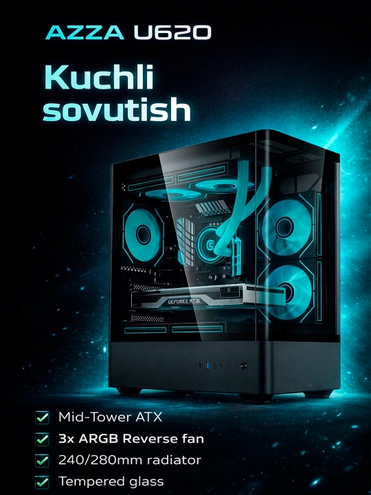 Bo‘sh korpus, AZZA U620 shaxsiy kompyuteri uchun akvarium g‘ilofi, 3 ta RGB reversiv sovutgich - 