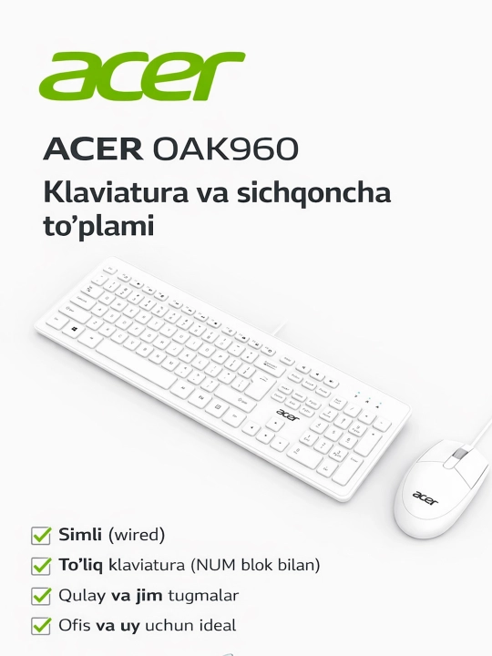 Ofis va uy uchun simli klaviatura va sichqoncha to'plami, ACER OAK960 OQ rangli