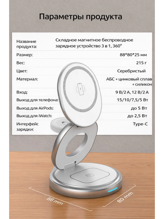 Telefon, quloqchin va soat uchun 3 tasi 1da simsiz zaryadlash stansiyasi, magsafe