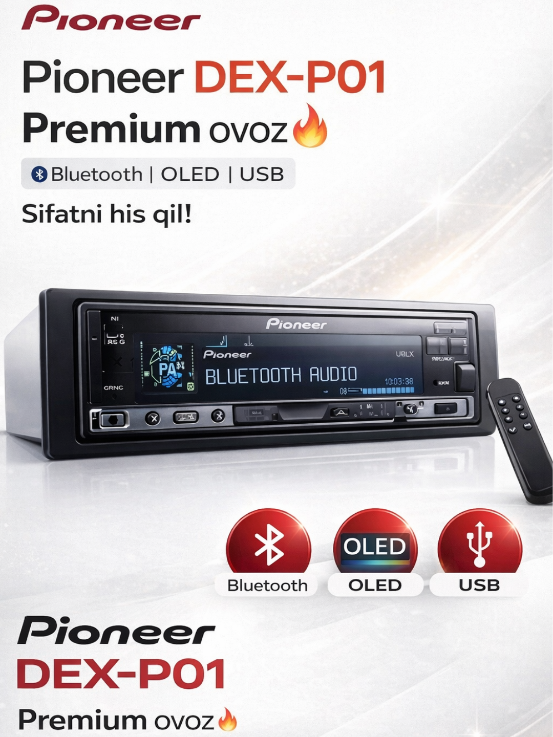 Avtomagnitafon Pioneer 2 pult Bluetooth, USB, AUX, FM radio magnitofon - 