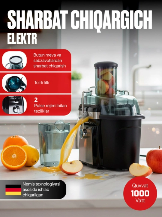 Elektr sharbat chiqargich, qattiq sabzavotlar uchun, oshxona kombayni 1000Vt, Nemis sifati