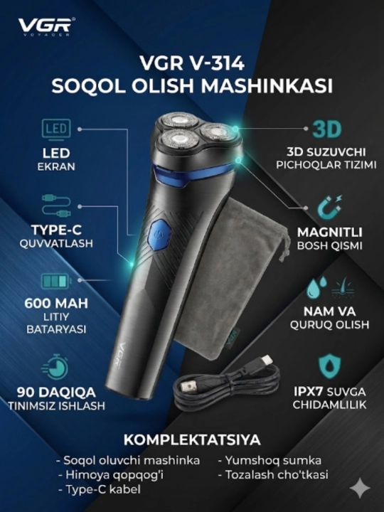 Soqol va mo‘ylov uchun elektr ustara-trimmer, VGR, V-387,V-071, V 314 mashinka, simsiz