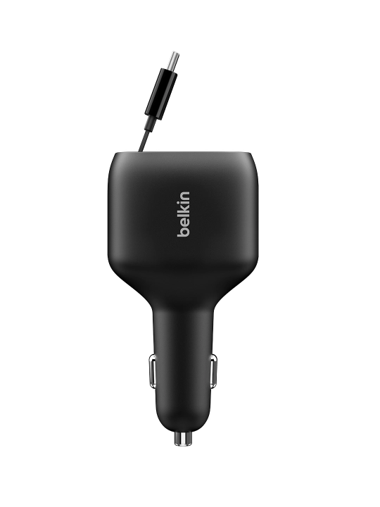 Автомобильное зарядное устройство Belkin 75W, Type C и USB A порты, выдвижной кабель