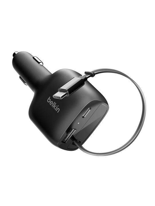 Автомобильное зарядное устройство Belkin 75W, Type C и USB A порты, выдвижной кабель
