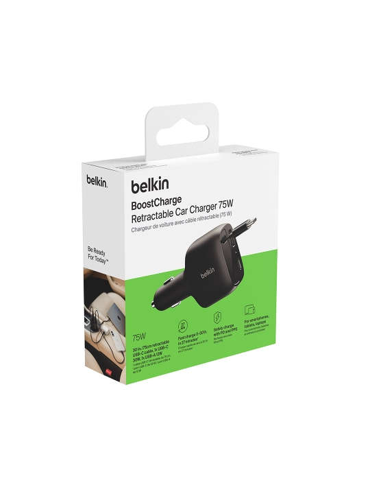 Автомобильное зарядное устройство Belkin 75W, Type C и USB A порты, выдвижной кабель