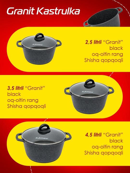 Idish yopishmaydigan, shisha qopqoqli, "Granit" (qora) liniyasi Kukmara