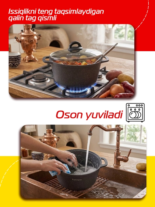 Idish yopishmaydigan, shisha qopqoqli, "Granit" (qora) liniyasi Kukmara