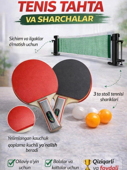 Stol tennisi raketkasi to‘plami (2 dona raketka + 3 dona shar) - 