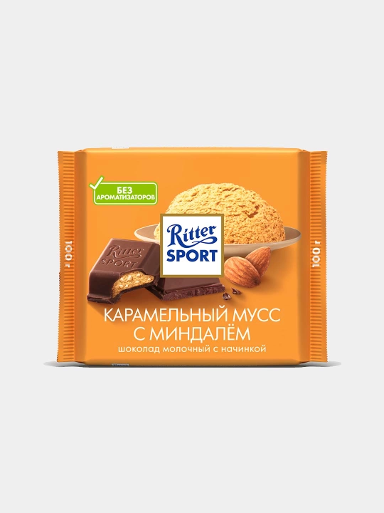 Ritter Sport sutli shokoladi, karamel mussi va bodom nachinka bilan, 100 g - 