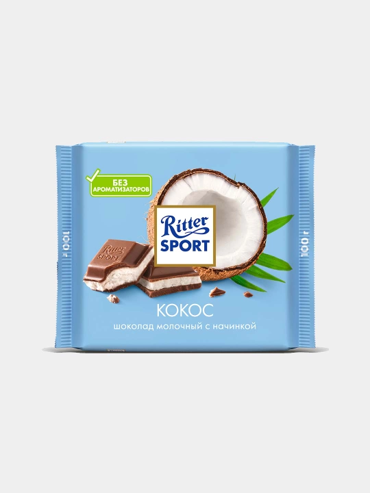 Shokolad Ritter Sport "Kokos", sutli kokos nachinkasi bilan, plitkali, 100 gr - 