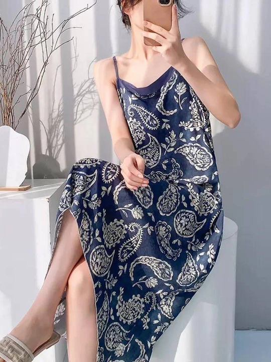 Ayollar tungi ko‘ylagi, yozgi slip dress, viskoza, keng fason, uy kiyimi
