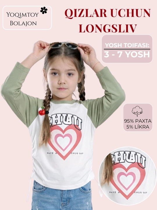Yumshoq longsliv qizlar uchun, paxtali bahorgi kofta, Yoqimtoy Bolajon, svitshot - 