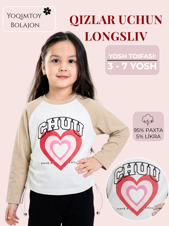 Yumshoq longsliv qizlar uchun, paxtali bahorgi kofta, Yoqimtoy Bolajon, svitshot - 