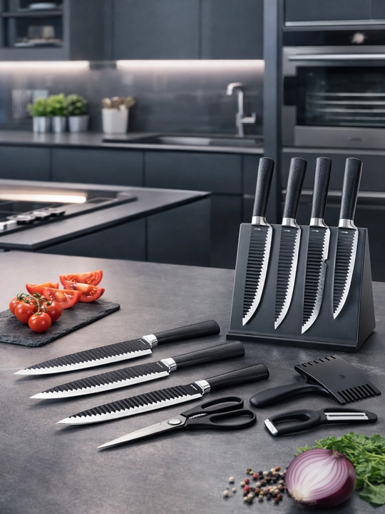 Кухонный набор ножей HEESEN 7в1 — острые серрейторные ножи, полный комплект для кухни - 