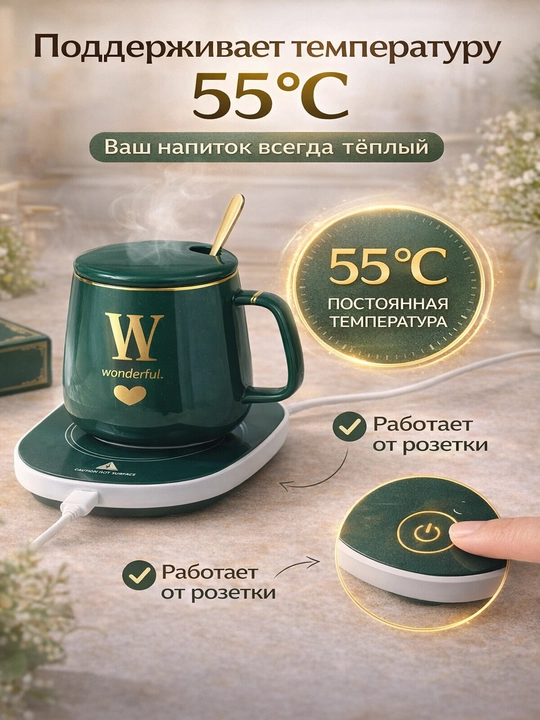 Elektr krujka 55°C isitish bilan, taglik, qopqoq va qoshiq, sovg‘a