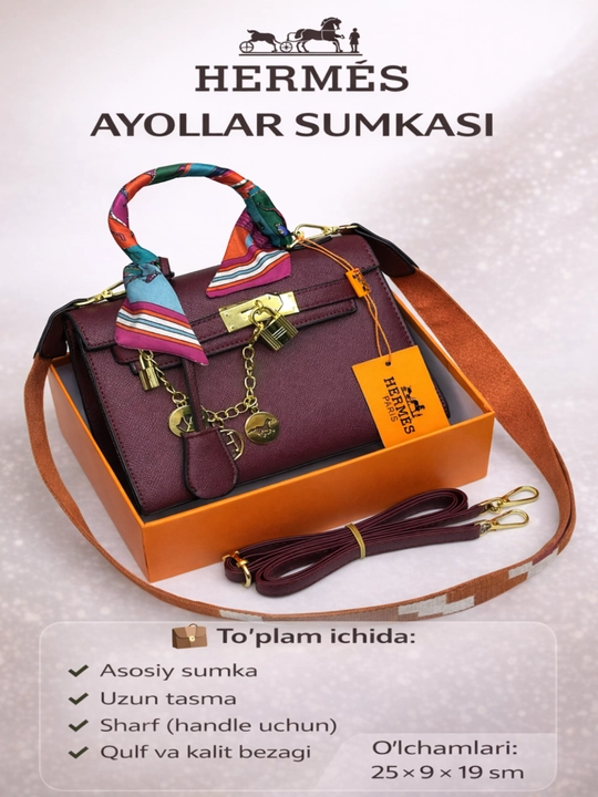 Sumka ayollar uchun HERMES uslubida eko-charmdan kross-bodi yelka sumkasi