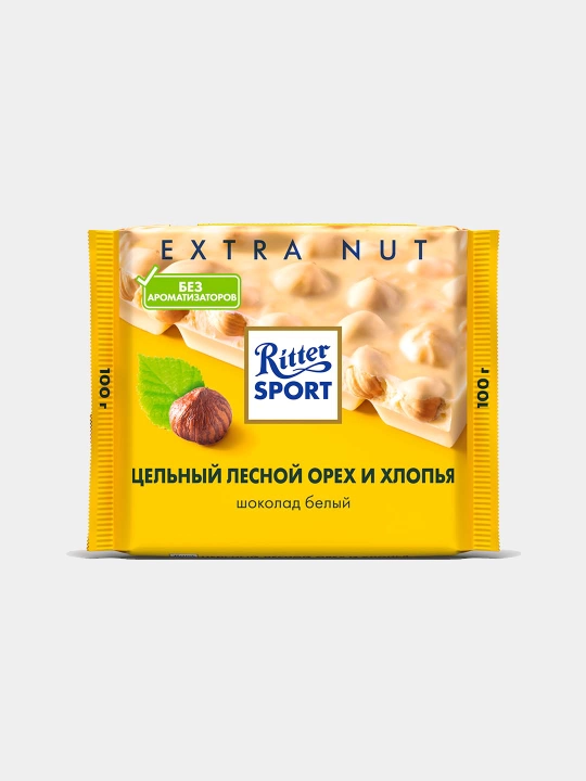 Oq shokolad Ritter Sport, butun findiq va don bo'laklari bilan, 100 g - 