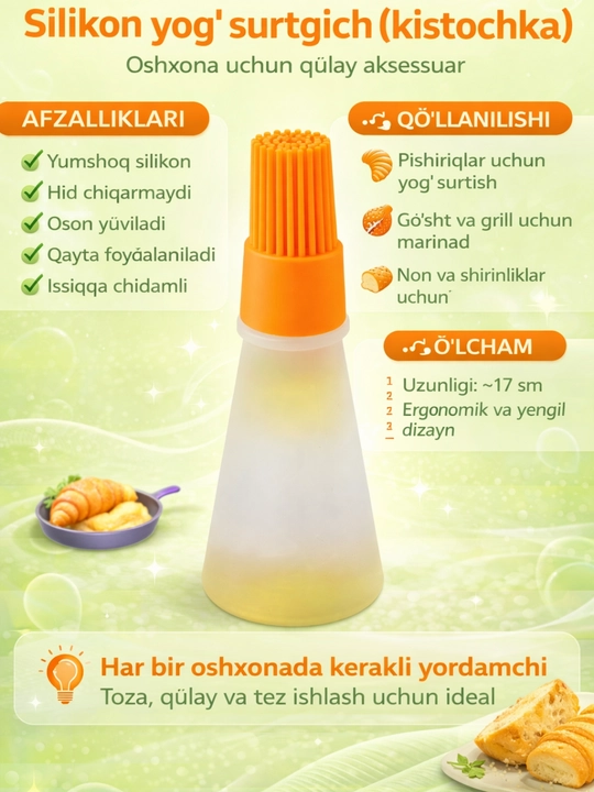 Tuxum va yog‘ surish uchun silikon cho‘tka-idish, oshxona uchun, ranglar assorti