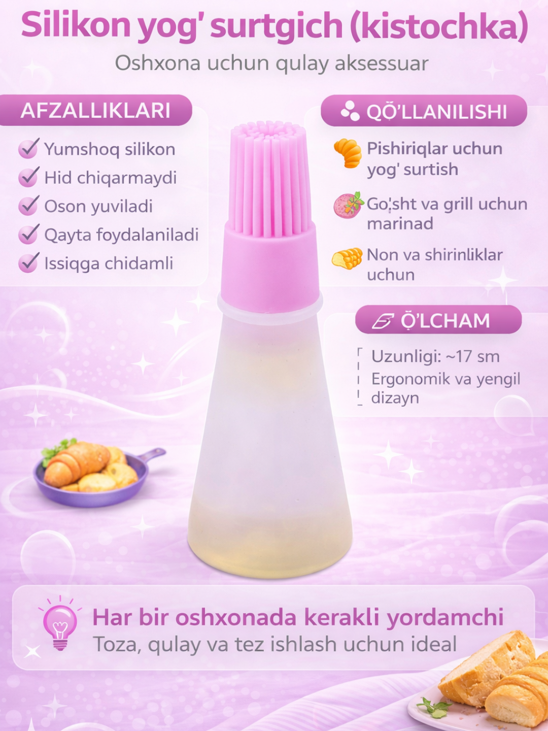 Tuxum va yog‘ surish uchun silikon cho‘tka-idish, oshxona uchun, ranglar assorti