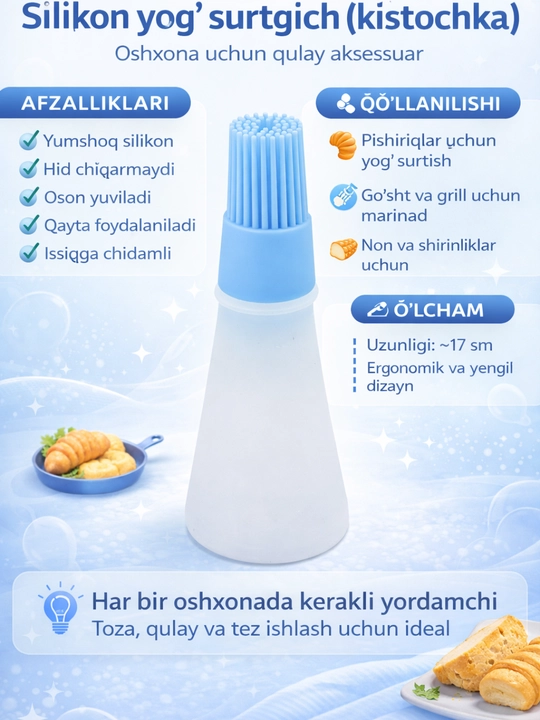 Tuxum va yog‘ surish uchun silikon cho‘tka-idish, oshxona uchun, ranglar assorti