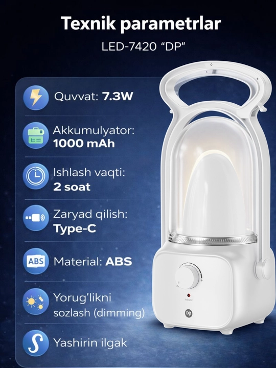 LED, Fonar, portativ fonar, 7.3W, akkumulyatorli, Type-C dimming, ilgakli, zaryadlanadigan