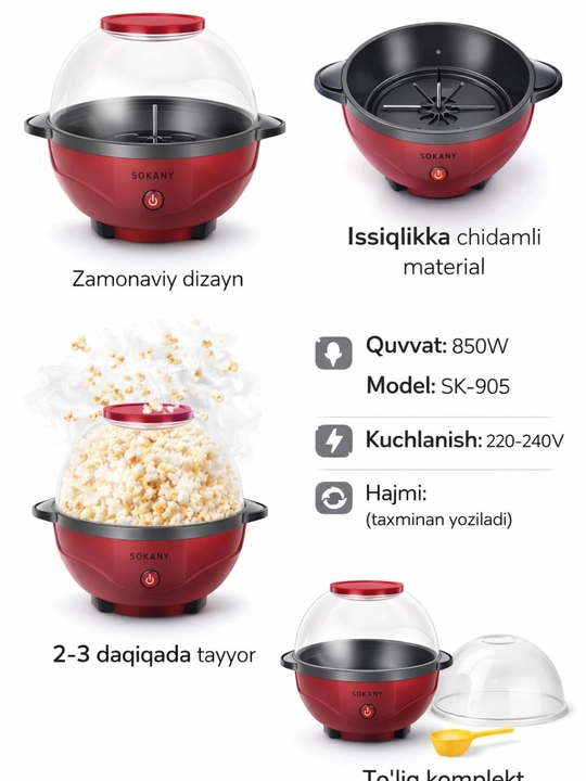 Zamonaviy va qulay oshxona yordamchisi — SOKANY SK-905 popcorn tayyorlagich