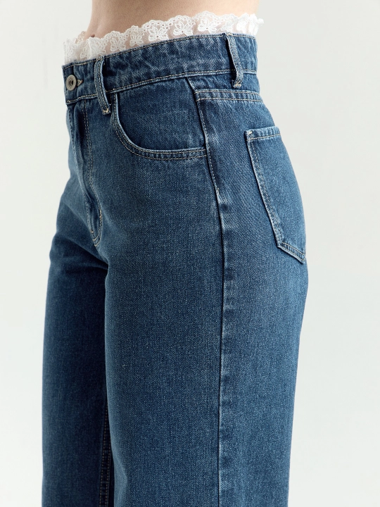Selfie slim straight fit, yuqori belga ega va dekorativ belga ega ayollar jinsi shimlari