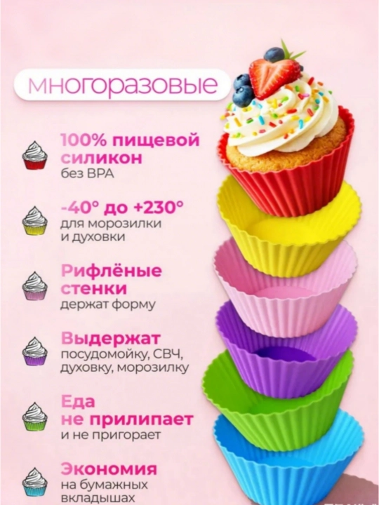 Силиконовые формы для кексов и маффинов, набор 12 шт, антипригарные