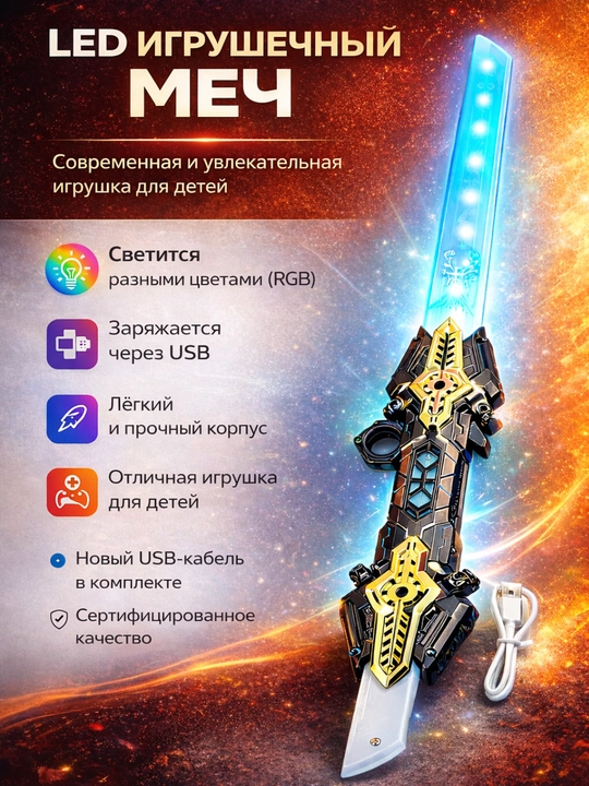 Светящийся LED игровой набор фантазийного оружия – меч и топор, USB зарядка