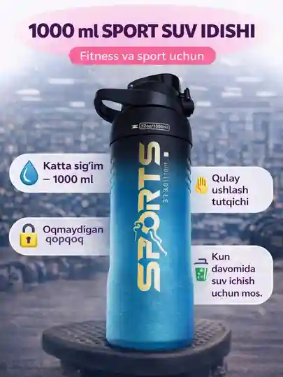 Fitnes va sport uchun suv idish, 1000 ml sport butilka Sports yozuvli — Синий