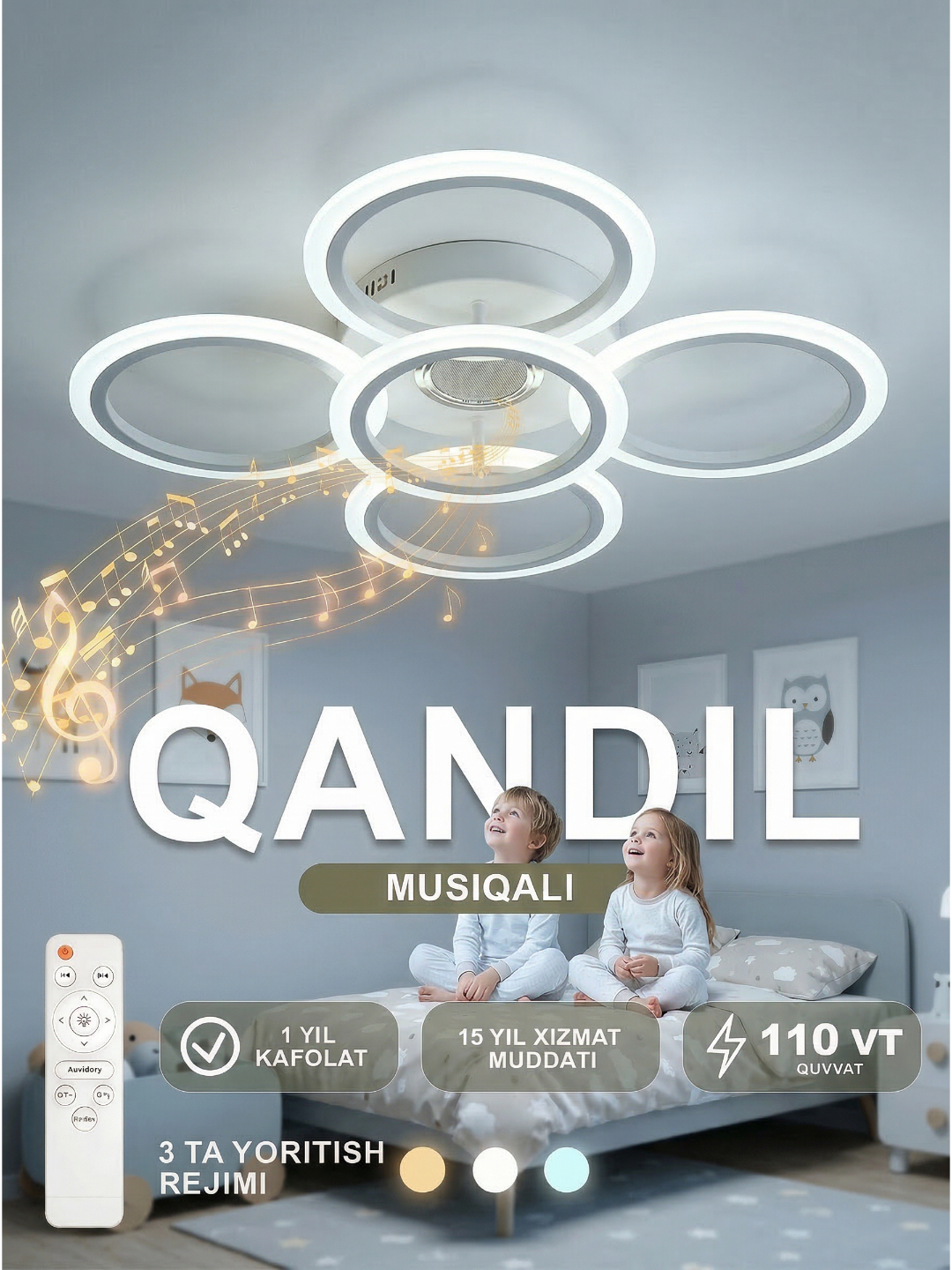 Masofadan boshqariladigan musiqiy qandil, yotoqxona va oshxona uchun 3 xil yoritish rejimi - 