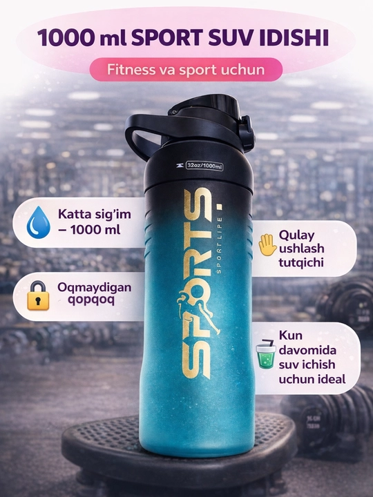 Fitnes va sport uchun suv idish, 1000 ml sport butilka Sports yozuvli - 