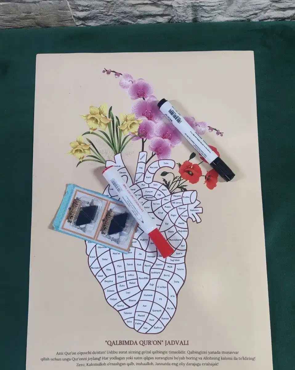 Qalbimda Qur’on yodlash jadvali, A3 format, marker va magnitlar to'plami, motivatsiya