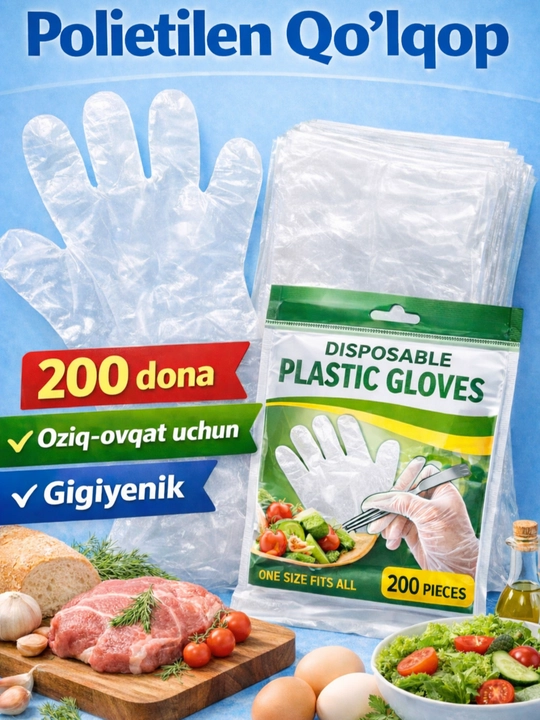 Bir martalik qo‘lqop, 200 dona, oshxona va oziq-ovqat uchun