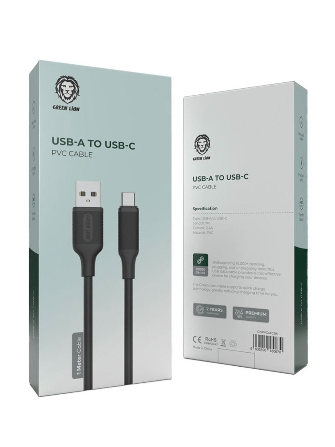 Green Lion USB-A – USB-C kabeli, 1 m, tez zaryadlash, mustahkam PVC - 