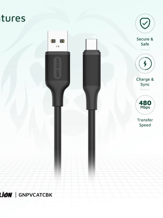 Кабель Green Lion USB-A – USB-C, 1 м, быстрая зарядка, прочный PVC