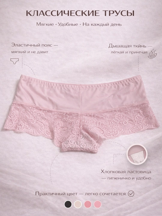 Трусики-шортики с кружевом, гладкая микрофибра, средняя посадка - 