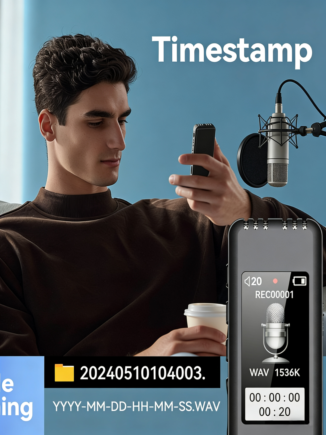 Цифровой диктофон с датчиком звука, встроенной памятью на 8/16Гб MP3